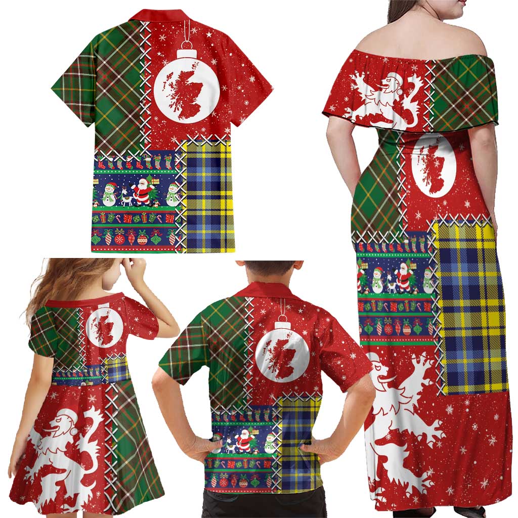 Scottish Christmas Family Matching Off Shoulder Maxi Dress and Hawaiian Shirt Scotland Lion and Xmas Elements Patch Style - Wonder Print Shop