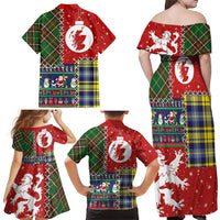 Scottish Christmas Family Matching Off Shoulder Maxi Dress and Hawaiian Shirt Scotland Lion and Xmas Elements Patch Style - Wonder Print Shop