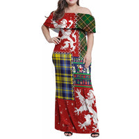 Scottish Christmas Family Matching Off Shoulder Maxi Dress and Hawaiian Shirt Scotland Lion and Xmas Elements Patch Style - Wonder Print Shop