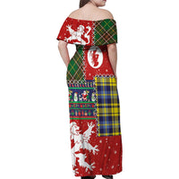 Scottish Christmas Family Matching Off Shoulder Maxi Dress and Hawaiian Shirt Scotland Lion and Xmas Elements Patch Style - Wonder Print Shop