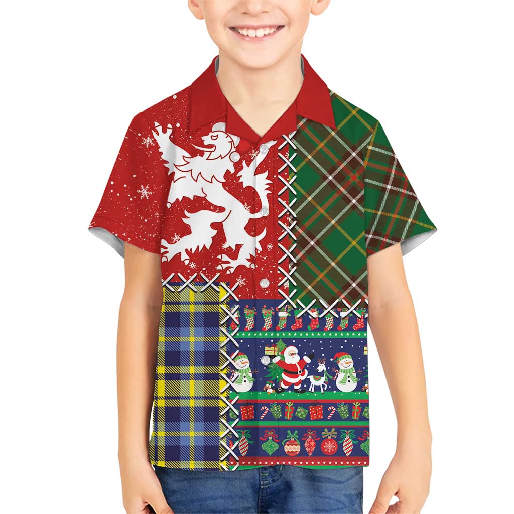 Scottish Christmas Family Matching Off Shoulder Maxi Dress and Hawaiian Shirt Scotland Lion and Xmas Elements Patch Style - Wonder Print Shop