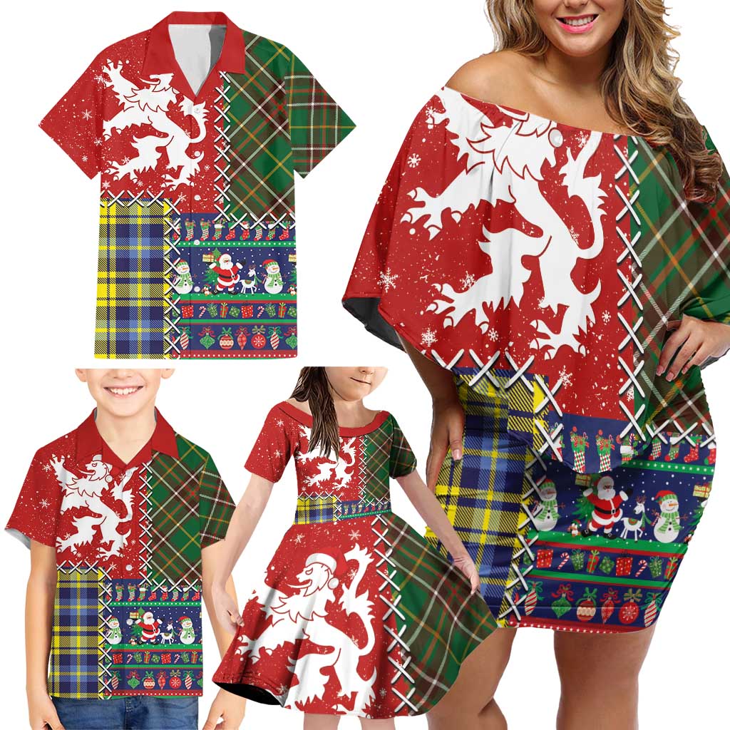 Scottish Christmas Family Matching Off Shoulder Short Dress and Hawaiian Shirt Scotland Lion and Xmas Elements Patch Style - Wonder Print Shop