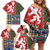 Scottish Christmas Family Matching Off Shoulder Short Dress and Hawaiian Shirt Scotland Lion and Xmas Elements Patch Style - Wonder Print Shop