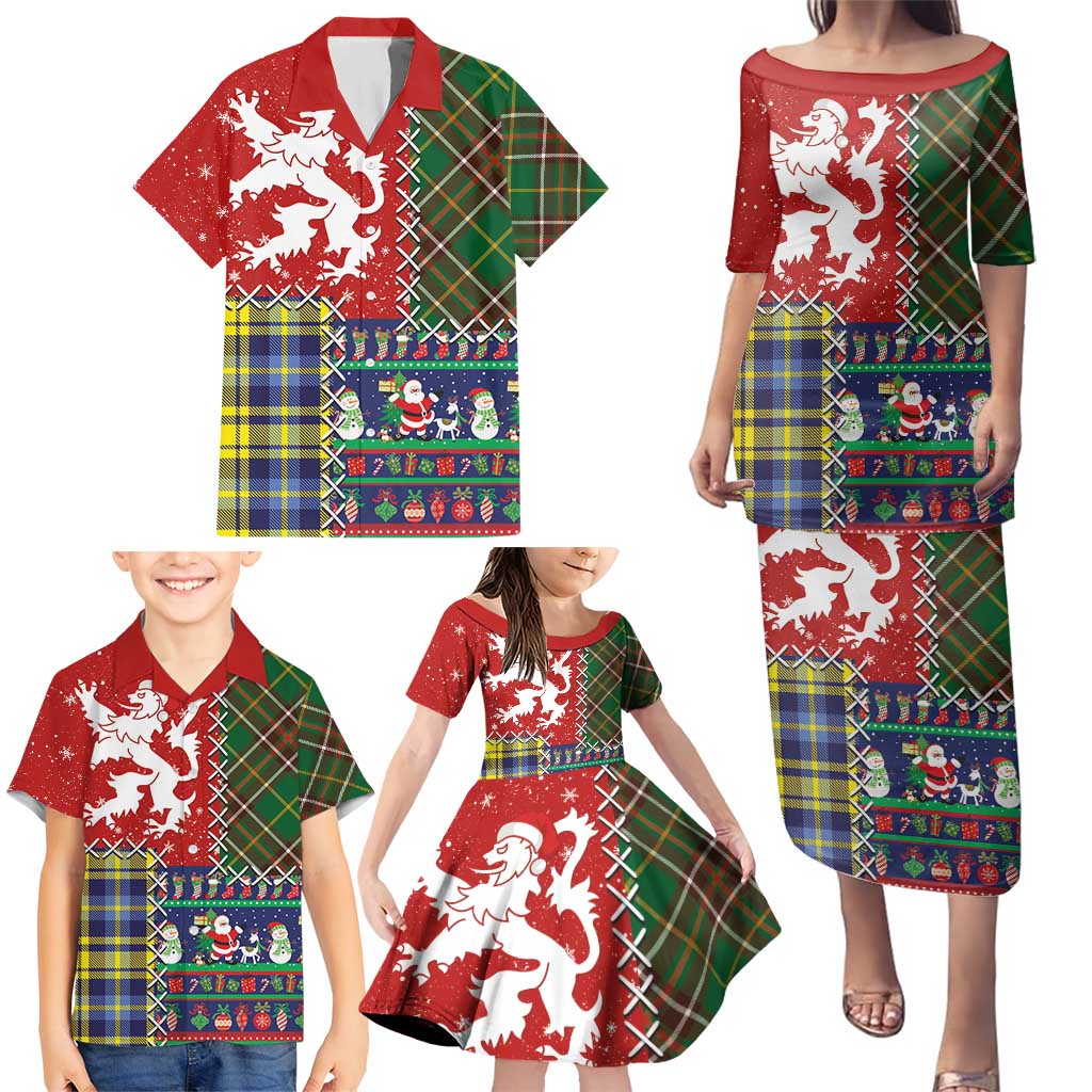 Scottish Christmas Family Matching Puletasi and Hawaiian Shirt Scotland Lion and Xmas Elements Patch Style - Wonder Print Shop