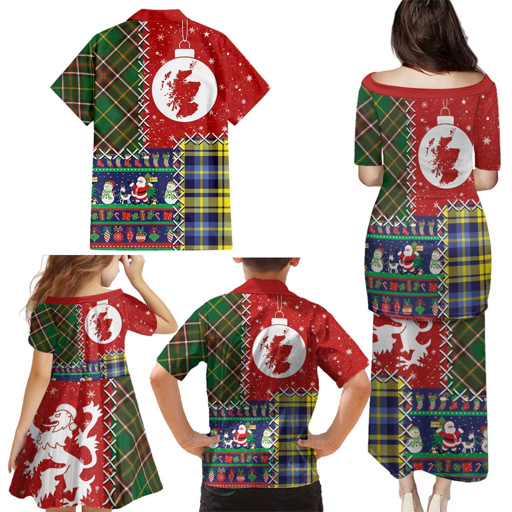 Scottish Christmas Family Matching Puletasi and Hawaiian Shirt Scotland Lion and Xmas Elements Patch Style - Wonder Print Shop
