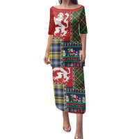 Scottish Christmas Family Matching Puletasi and Hawaiian Shirt Scotland Lion and Xmas Elements Patch Style - Wonder Print Shop