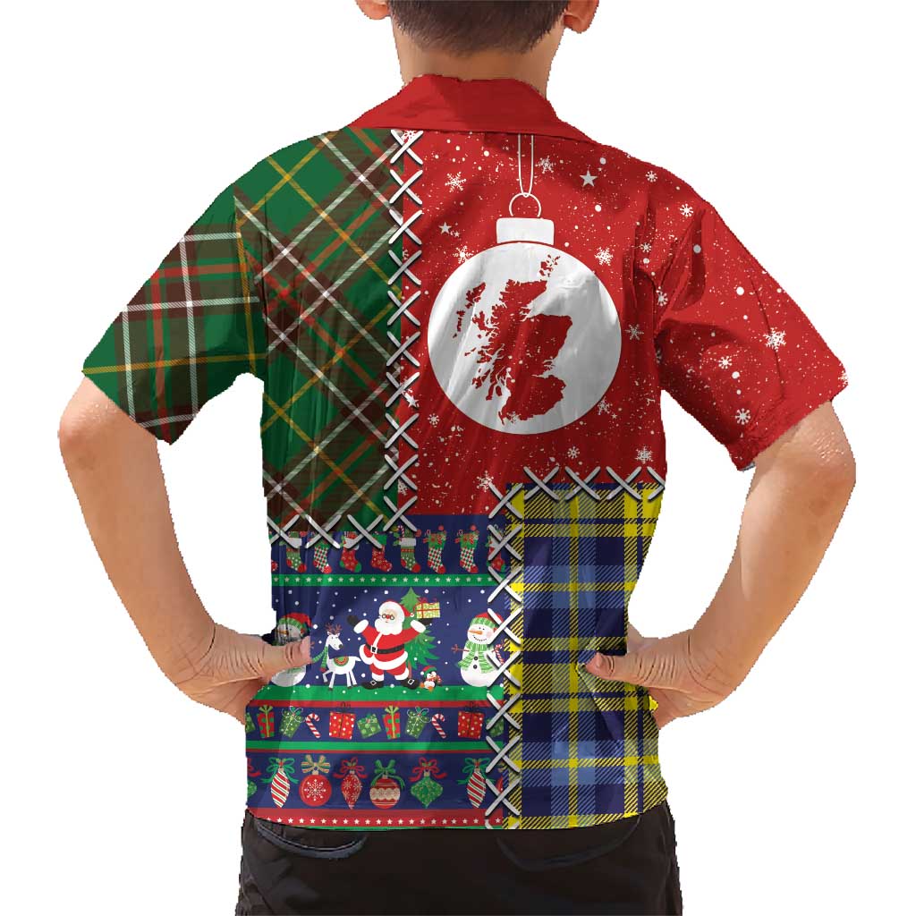 Scottish Christmas Family Matching Short Sleeve Bodycon Dress and Hawaiian Shirt Scotland Lion and Xmas Elements Patch Style - Wonder Print Shop
