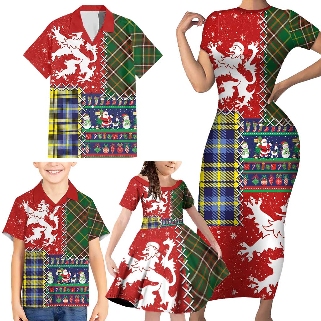 Scottish Christmas Family Matching Short Sleeve Bodycon Dress and Hawaiian Shirt Scotland Lion and Xmas Elements Patch Style - Wonder Print Shop
