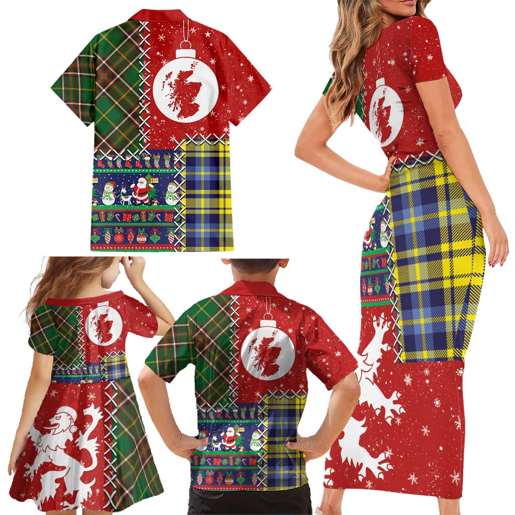 Scottish Christmas Family Matching Short Sleeve Bodycon Dress and Hawaiian Shirt Scotland Lion and Xmas Elements Patch Style - Wonder Print Shop