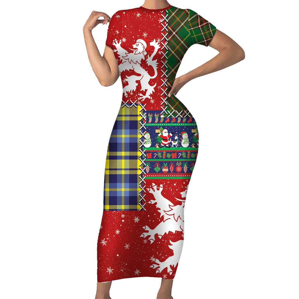 Scottish Christmas Family Matching Short Sleeve Bodycon Dress and Hawaiian Shirt Scotland Lion and Xmas Elements Patch Style - Wonder Print Shop