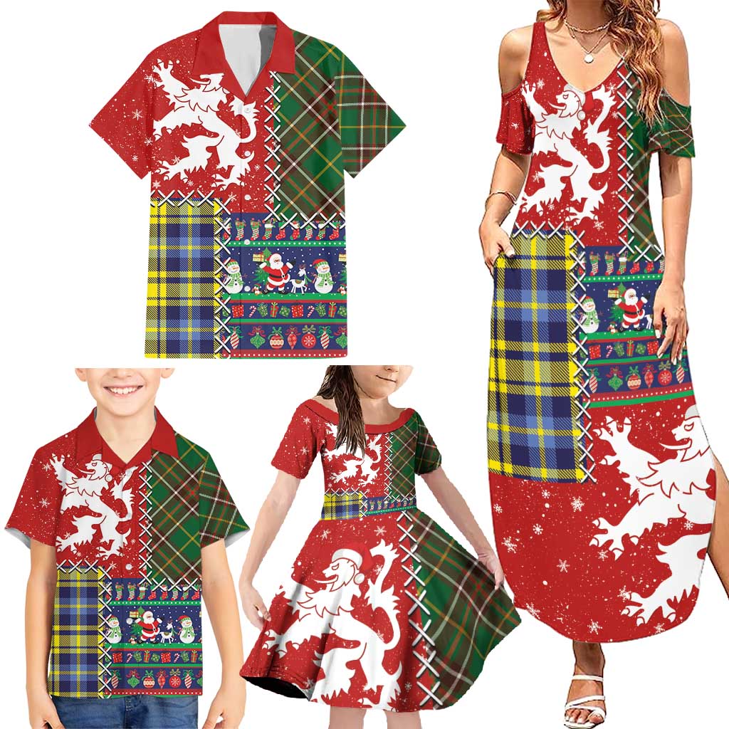Scottish Christmas Family Matching Summer Maxi Dress and Hawaiian Shirt Scotland Lion and Xmas Elements Patch Style - Wonder Print Shop