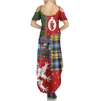 Scottish Christmas Family Matching Summer Maxi Dress and Hawaiian Shirt Scotland Lion and Xmas Elements Patch Style - Wonder Print Shop