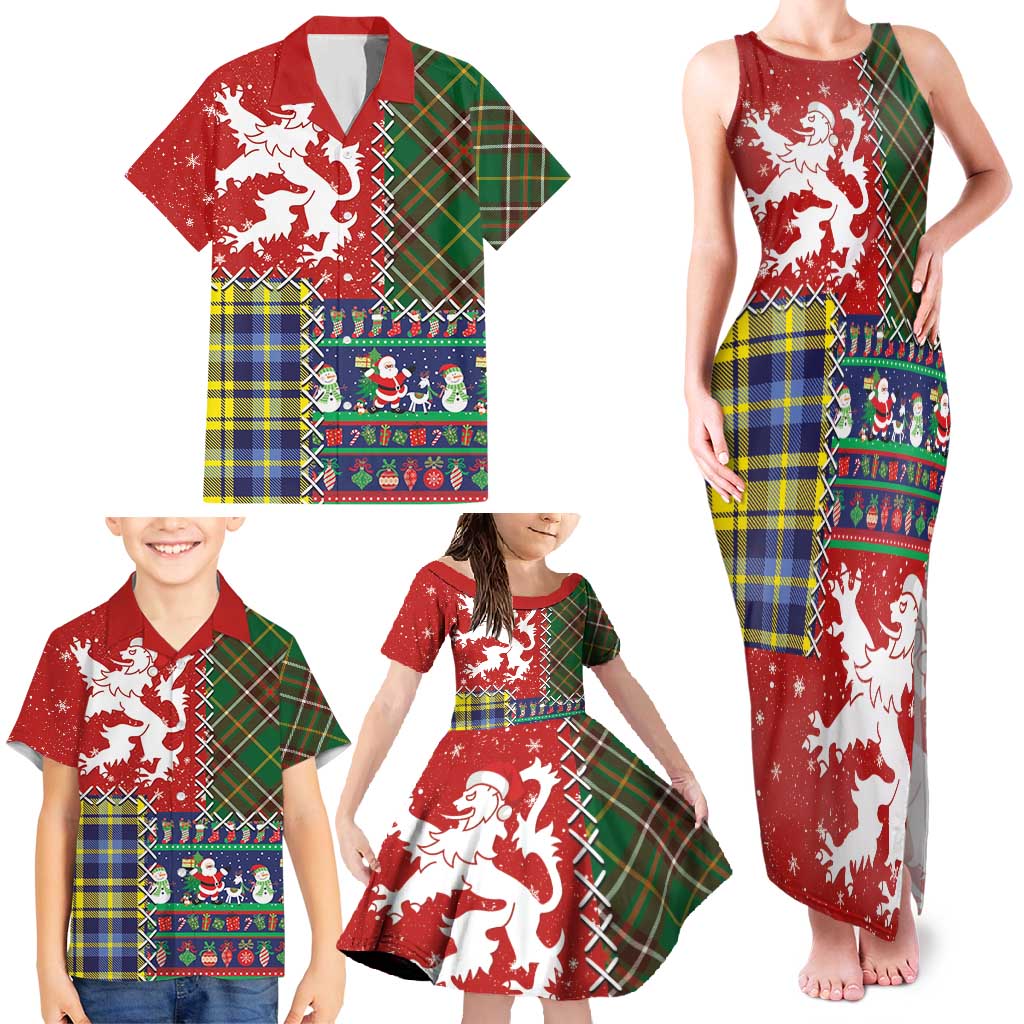 Scottish Christmas Family Matching Tank Maxi Dress and Hawaiian Shirt Scotland Lion and Xmas Elements Patch Style - Wonder Print Shop