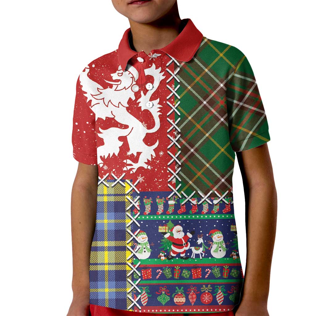 Scottish Christmas Kid Polo Shirt Scotland Lion and Xmas Elements Patch Style - Wonder Print Shop
