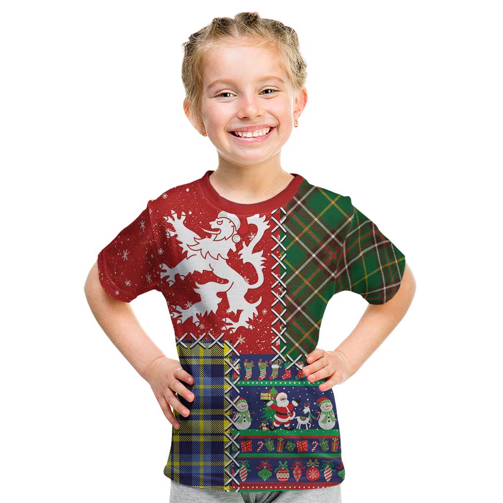 Scottish Christmas Kid T Shirt Scotland Lion and Xmas Elements Patch Style - Wonder Print Shop
