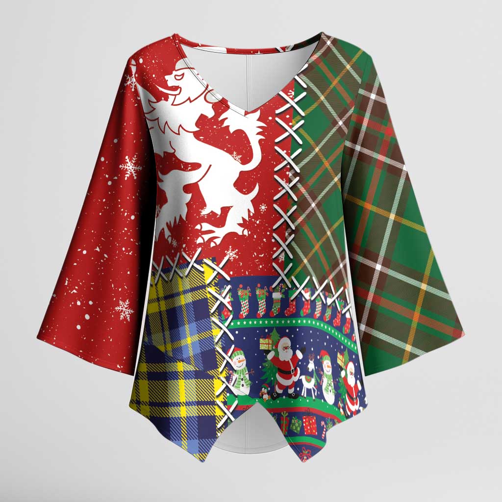 Scottish Christmas Kimono Sleeve Blouse Scotland Lion and Xmas Elements Patch Style - Wonder Print Shop