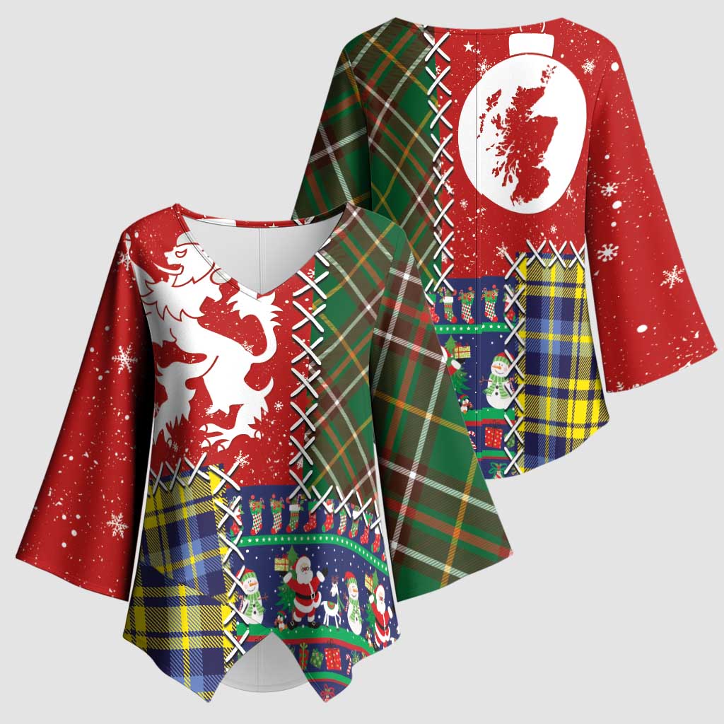 Scottish Christmas Kimono Sleeve Blouse Scotland Lion and Xmas Elements Patch Style - Wonder Print Shop