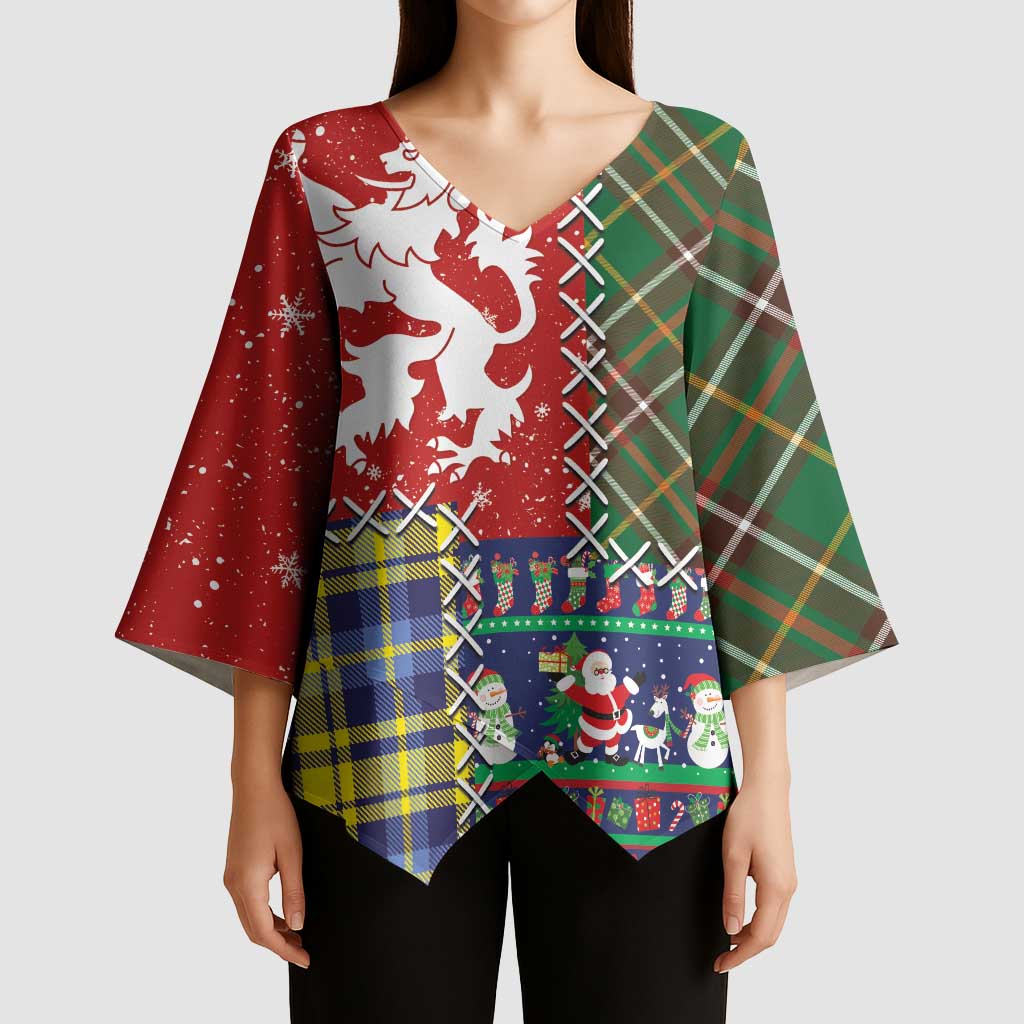 Scottish Christmas Kimono Sleeve Blouse Scotland Lion and Xmas Elements Patch Style - Wonder Print Shop