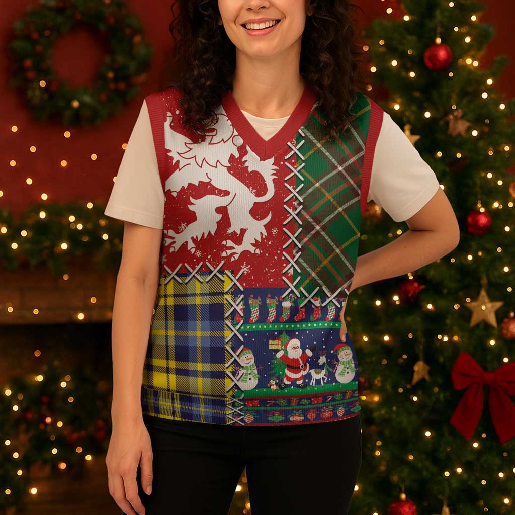 Scottish Christmas Knitted V-Neck Vest Scotland Lion and Xmas Elements Patch Style - Wonder Print Shop