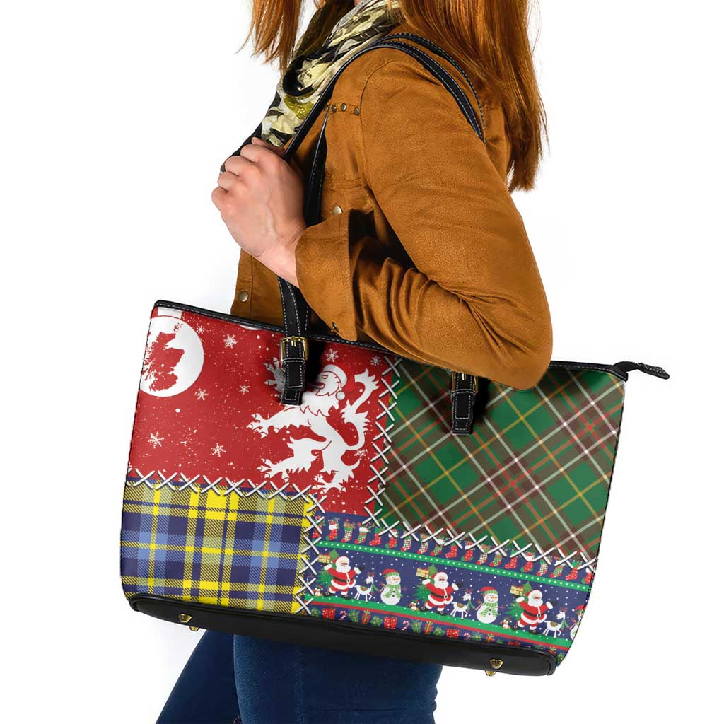 Scottish Christmas Leather Tote Bag Scotland Lion and Xmas Elements Patch Style - Wonder Print Shop