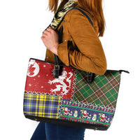 Scottish Christmas Leather Tote Bag Scotland Lion and Xmas Elements Patch Style - Wonder Print Shop