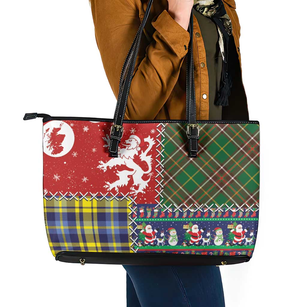 Scottish Christmas Leather Tote Bag Scotland Lion and Xmas Elements Patch Style - Wonder Print Shop