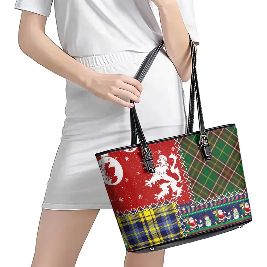 Scottish Christmas Leather Tote Bag Scotland Lion and Xmas Elements Patch Style - Wonder Print Shop