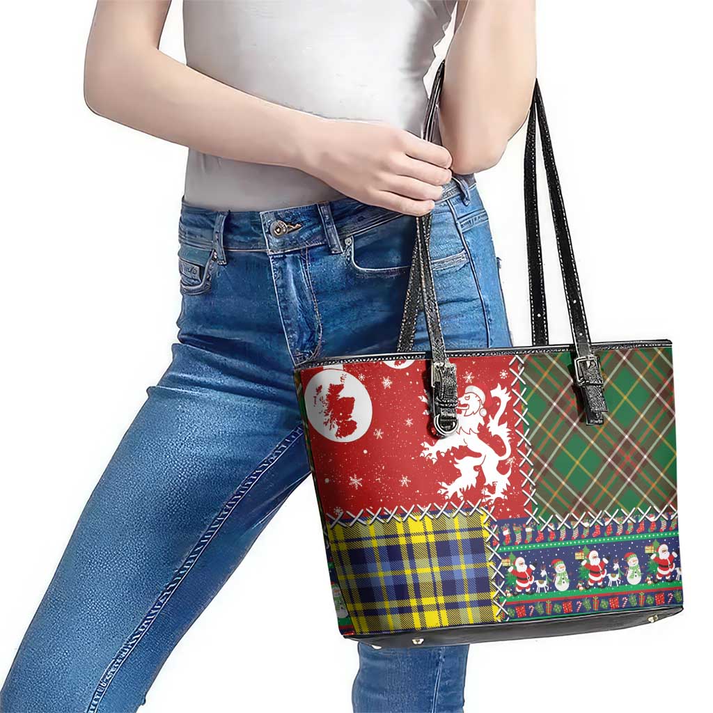 Scottish Christmas Leather Tote Bag Scotland Lion and Xmas Elements Patch Style - Wonder Print Shop