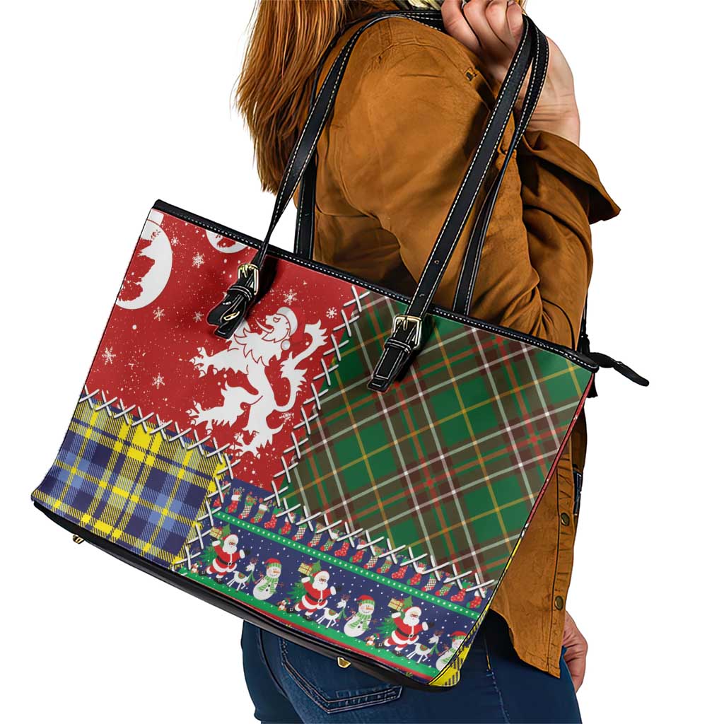 Scottish Christmas Leather Tote Bag Scotland Lion and Xmas Elements Patch Style - Wonder Print Shop