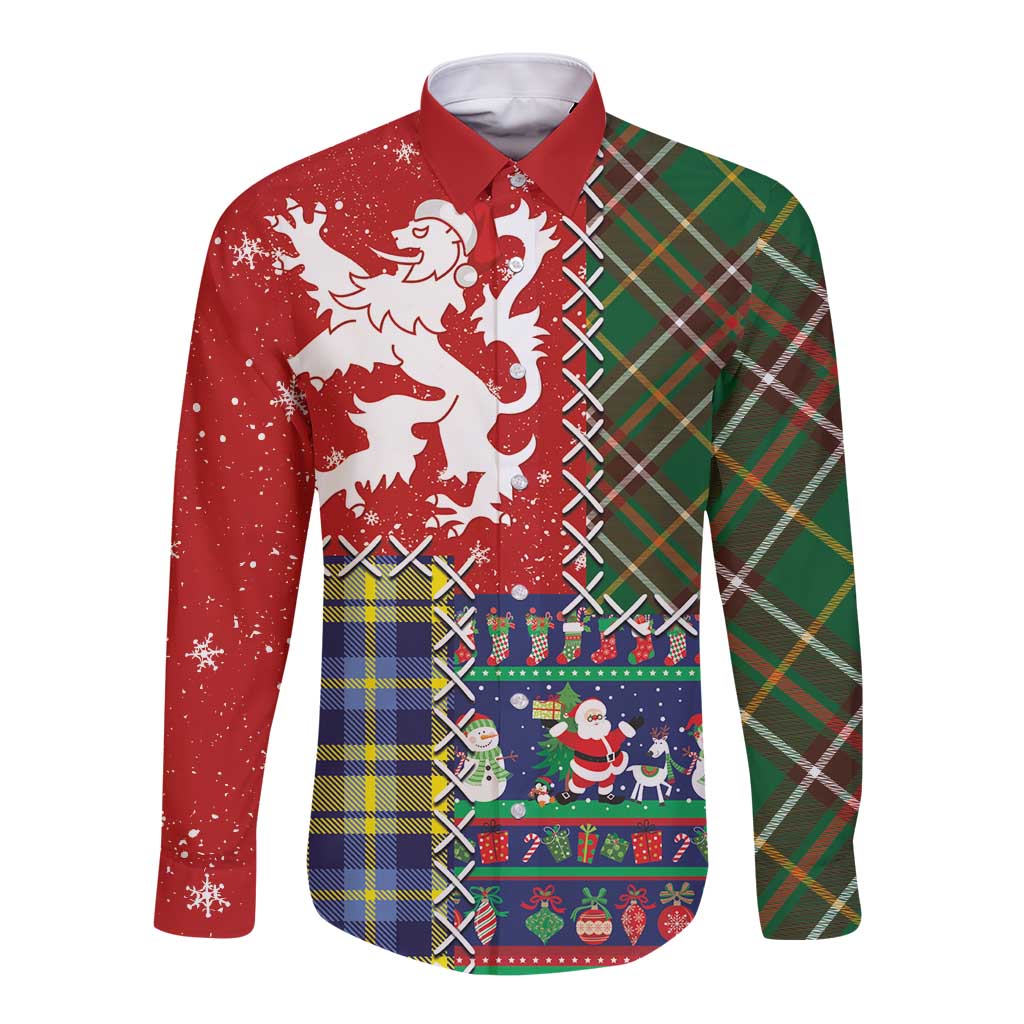 Scottish Christmas Long Sleeve Button Shirt Scotland Lion and Xmas Elements Patch Style - Wonder Print Shop