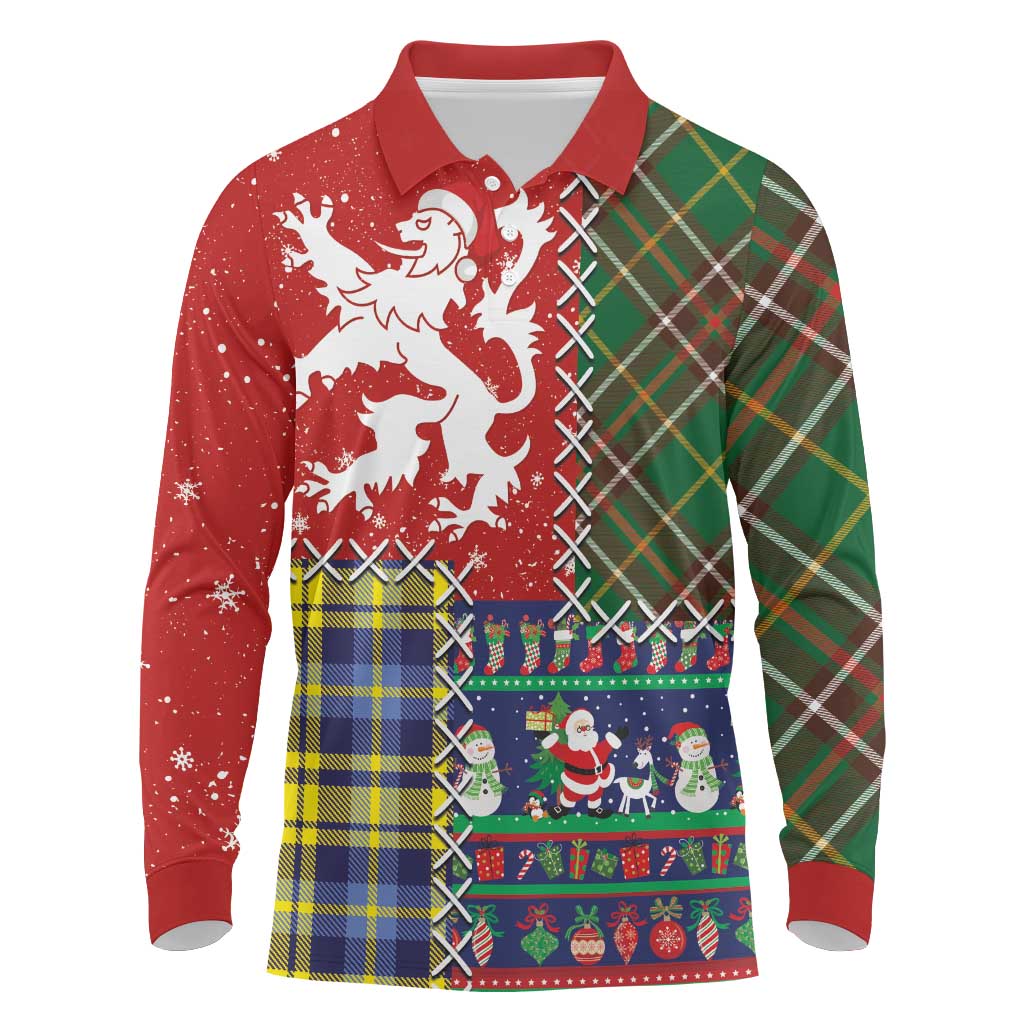 Scottish Christmas Long Sleeve Polo Shirt Scotland Lion and Xmas Elements Patch Style - Wonder Print Shop