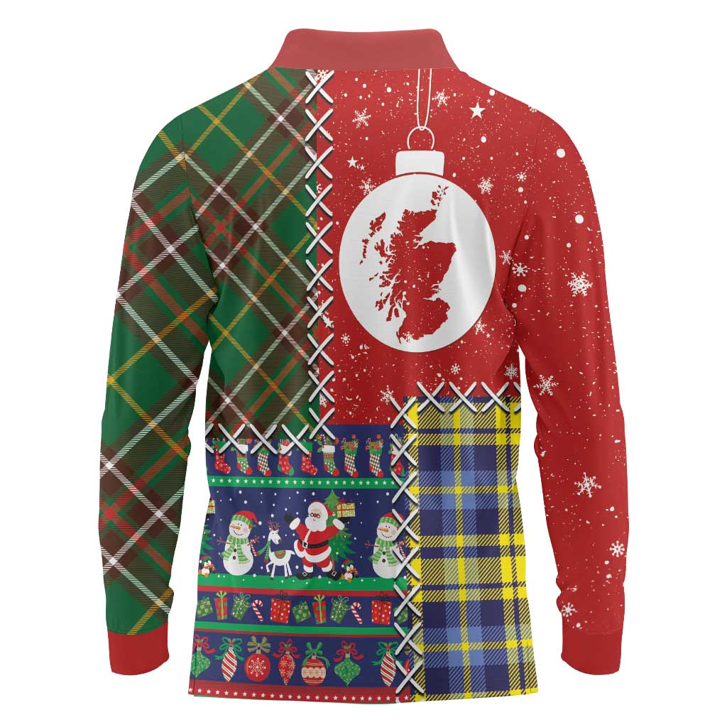 Scottish Christmas Long Sleeve Polo Shirt Scotland Lion and Xmas Elements Patch Style - Wonder Print Shop