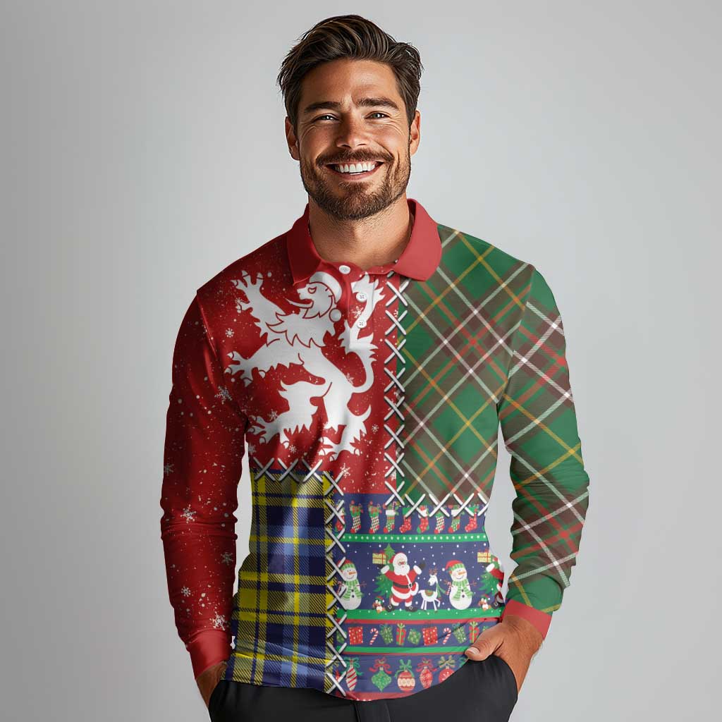 Scottish Christmas Long Sleeve Polo Shirt Scotland Lion and Xmas Elements Patch Style - Wonder Print Shop