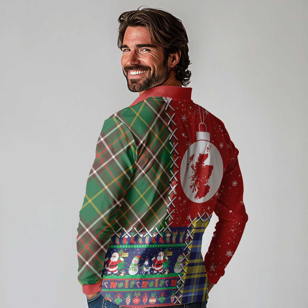 Scottish Christmas Long Sleeve Polo Shirt Scotland Lion and Xmas Elements Patch Style - Wonder Print Shop