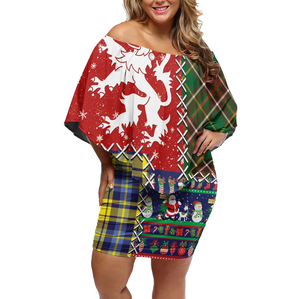 Scottish Christmas Off Shoulder Short Dress Scotland Lion and Xmas Elements Patch Style - Wonder Print Shop