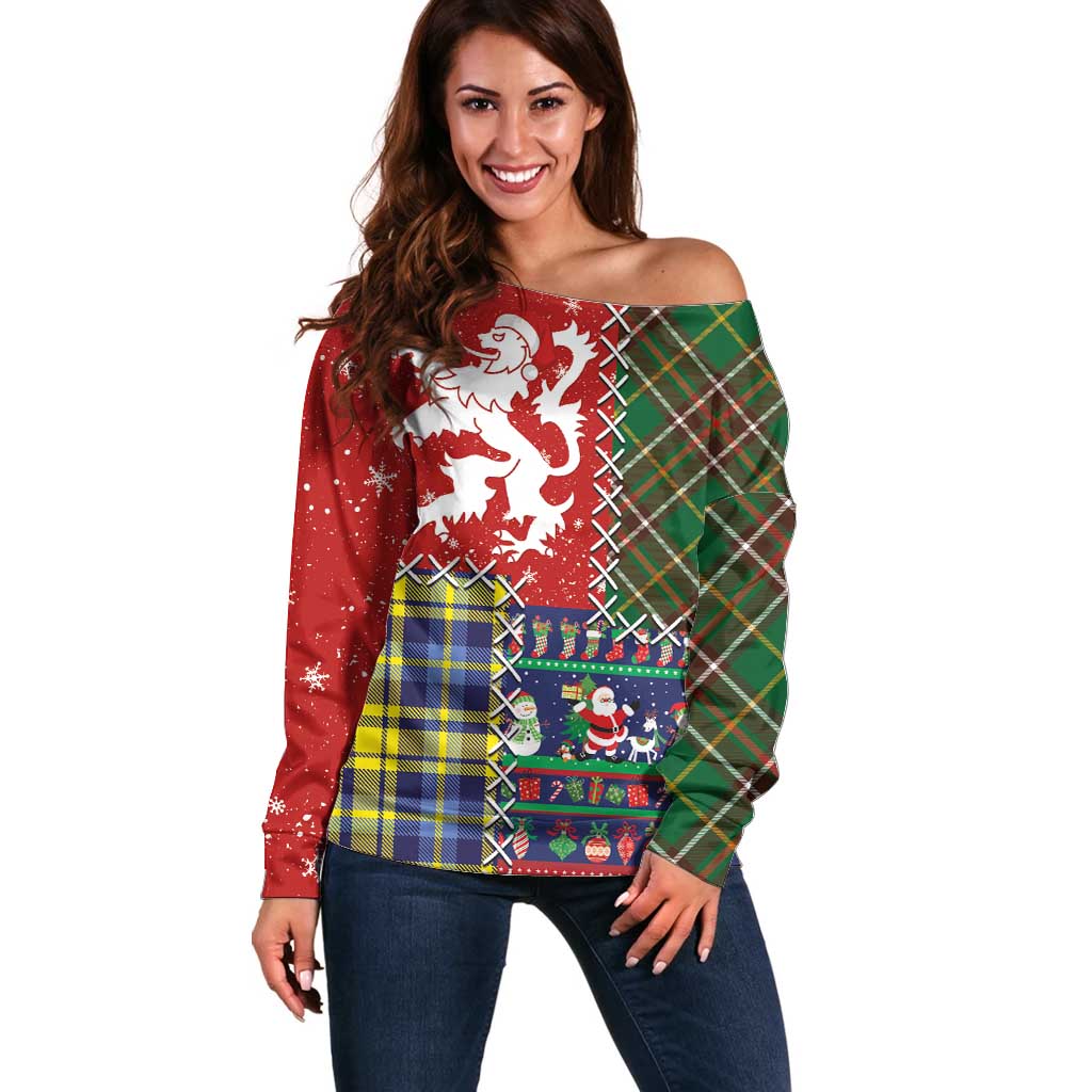 Scottish Christmas Off Shoulder Sweater Scotland Lion and Xmas Elements Patch Style - Wonder Print Shop