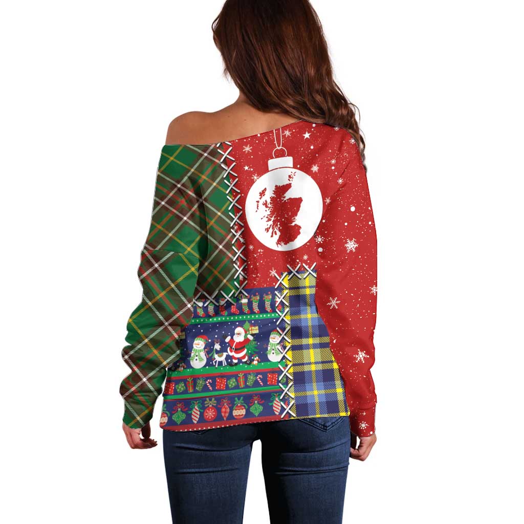Scottish Christmas Off Shoulder Sweater Scotland Lion and Xmas Elements Patch Style - Wonder Print Shop
