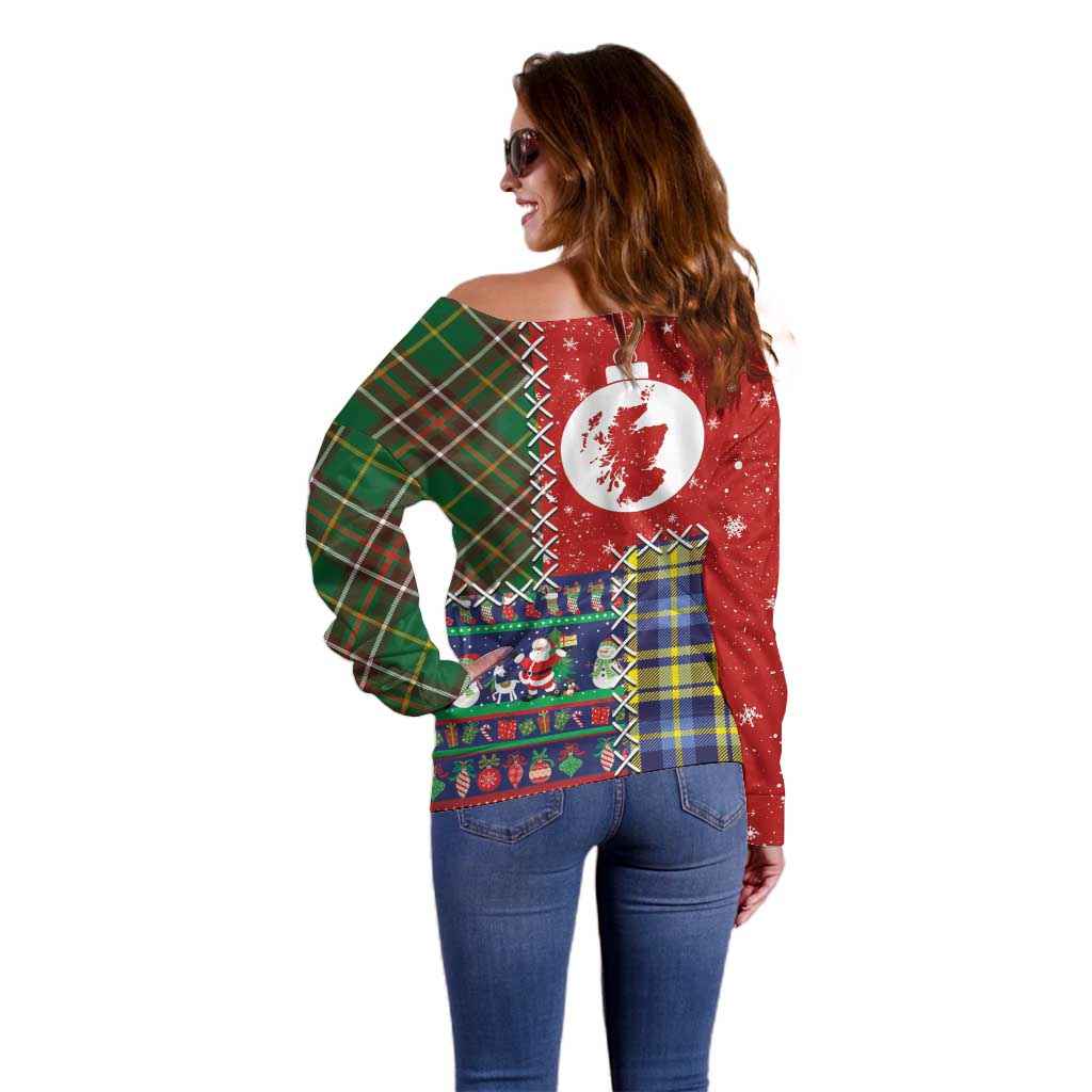 Scottish Christmas Off Shoulder Sweater Scotland Lion and Xmas Elements Patch Style - Wonder Print Shop
