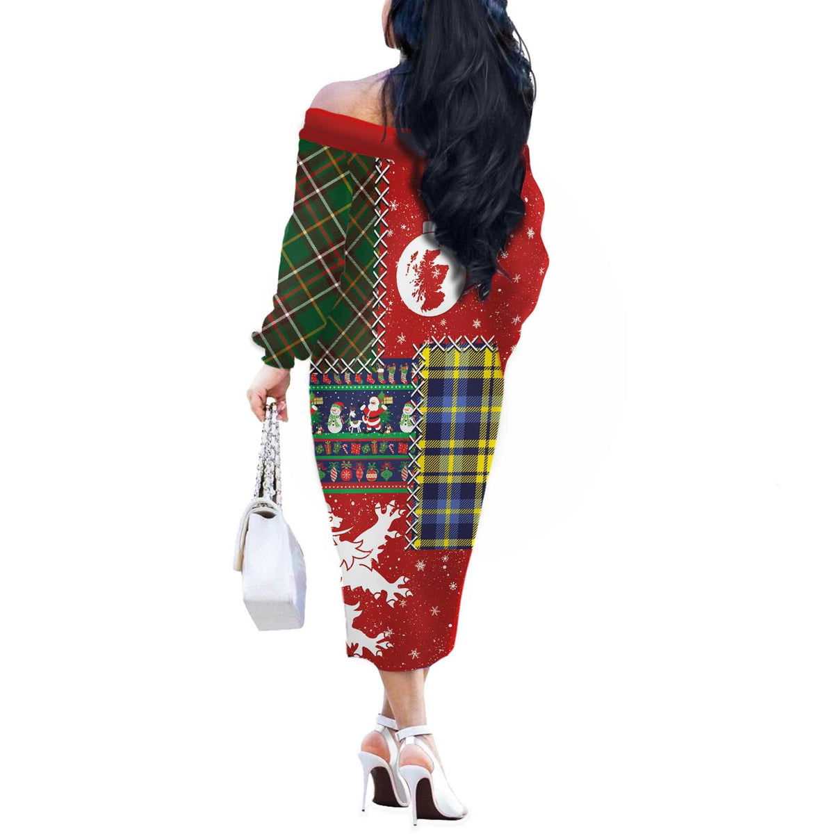 Scottish Christmas Off The Shoulder Long Sleeve Dress Scotland Lion and Xmas Elements Patch Style - Wonder Print Shop