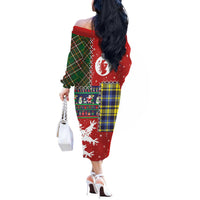 Scottish Christmas Off The Shoulder Long Sleeve Dress Scotland Lion and Xmas Elements Patch Style - Wonder Print Shop