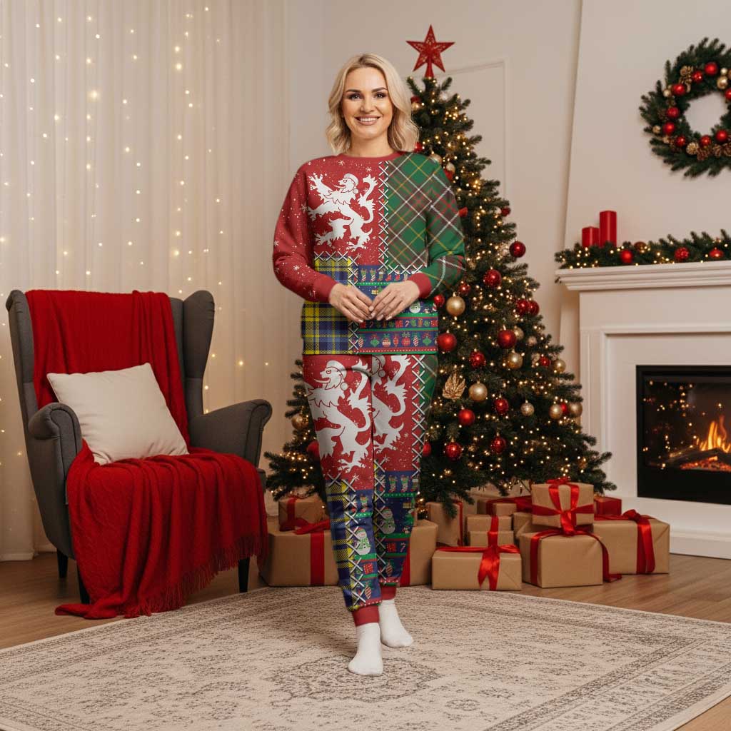 Scottish Christmas Pajama Set Scotland Lion and Xmas Elements Patch Style - Wonder Print Shop