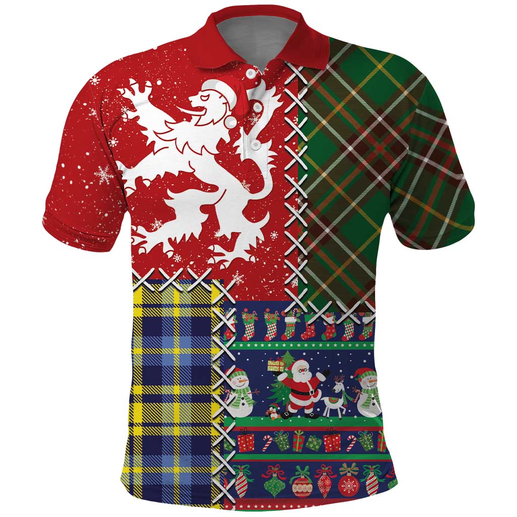 Scottish Christmas Polo Shirt Scotland Lion and Xmas Elements Patch Style - Wonder Print Shop