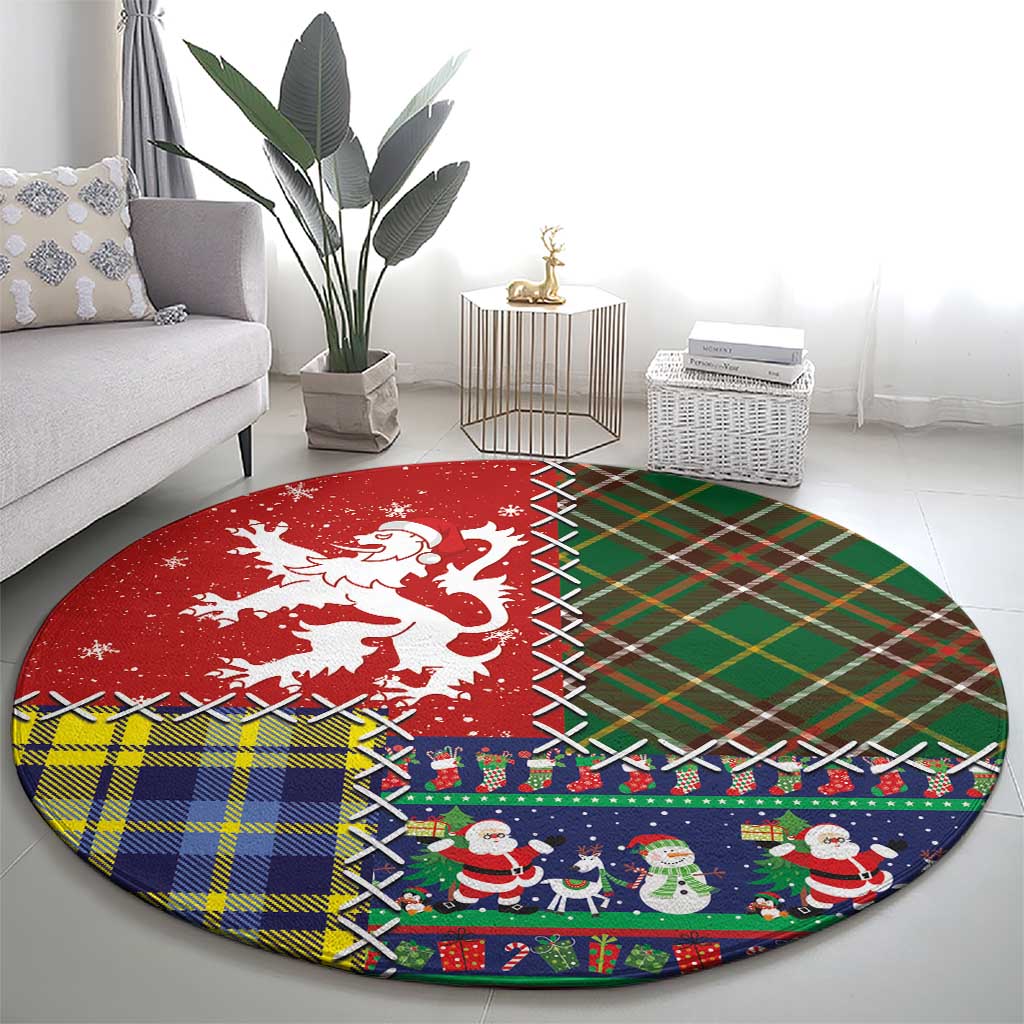 Scottish Christmas Round Carpet Scotland Lion and Xmas Elements Patch Style - Wonder Print Shop