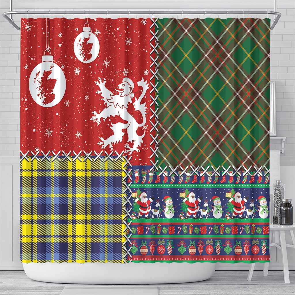 Scottish Christmas Shower Curtain Scotland Lion and Xmas Elements Patch Style - Wonder Print Shop