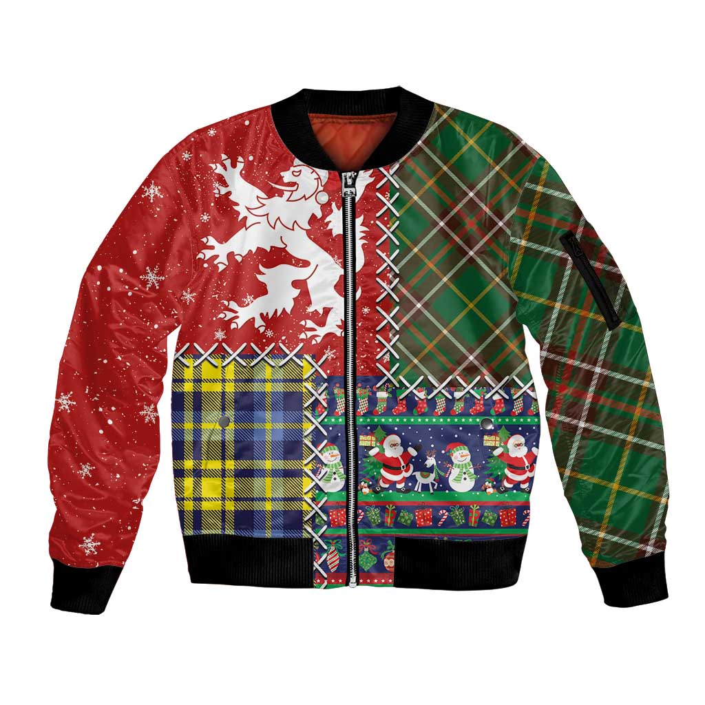 Scottish Christmas Sleeve Zip Bomber Jacket Scotland Lion and Xmas Elements Patch Style - Wonder Print Shop