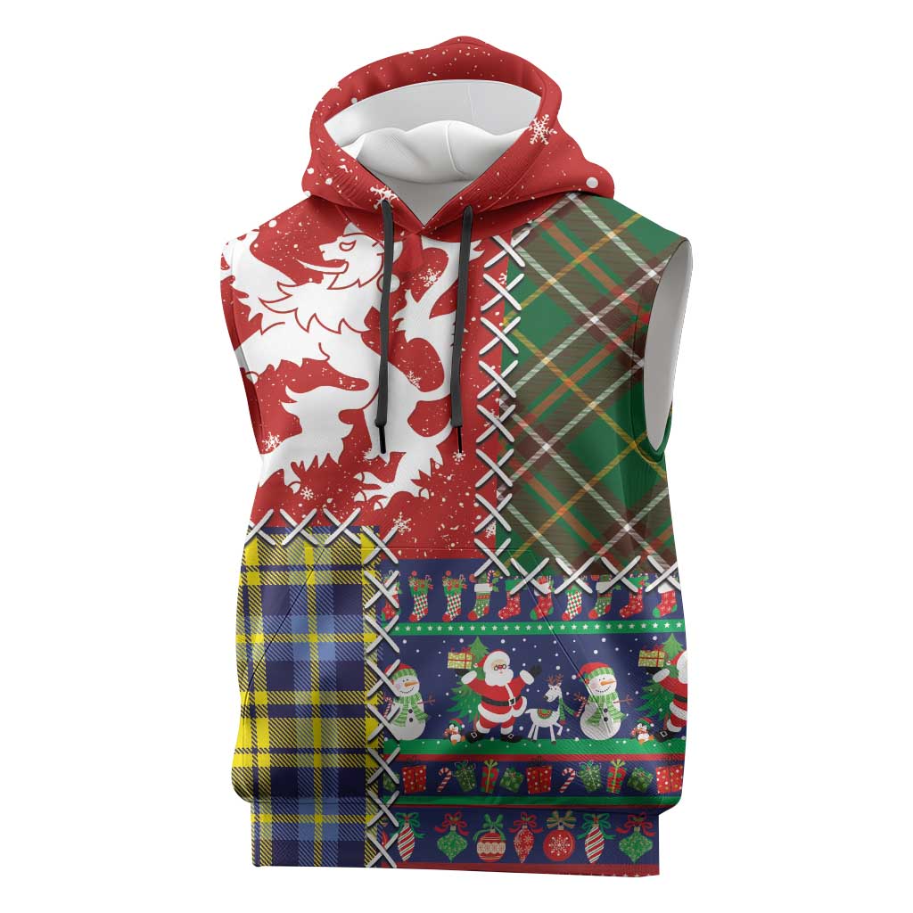 Scottish Christmas Sleeveless Hoodie Scotland Lion and Xmas Elements Patch Style - Wonder Print Shop