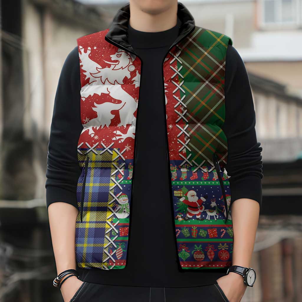 Scottish Christmas Sleeveless Puffer Jacket Scotland Lion and Xmas Elements Patch Style - Wonder Print Shop