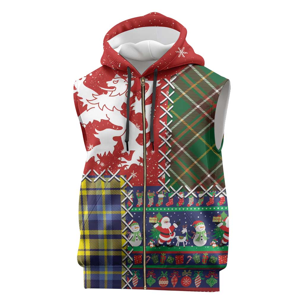 Scottish Christmas Sleeveless Zip Hoodie Scotland Lion and Xmas Elements Patch Style - Wonder Print Shop