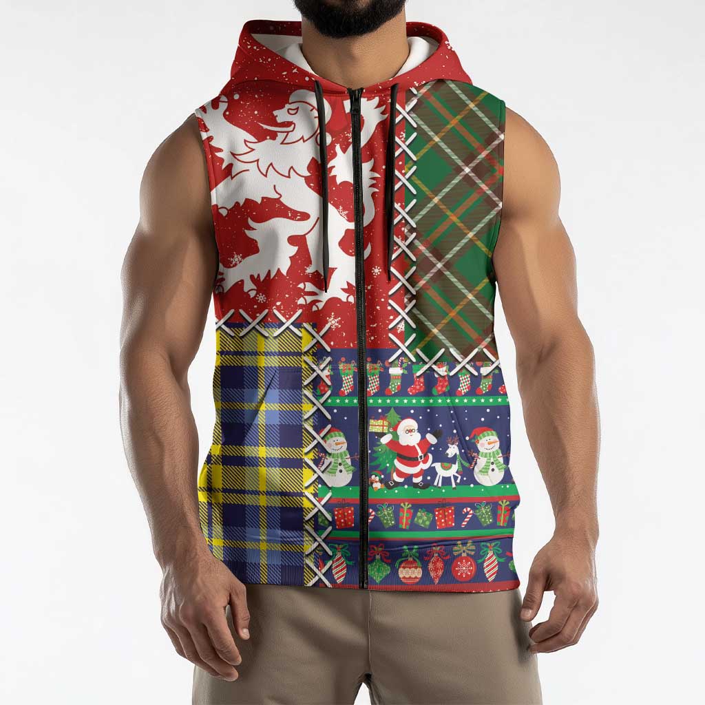 Scottish Christmas Sleeveless Zip Hoodie Scotland Lion and Xmas Elements Patch Style - Wonder Print Shop