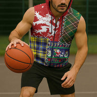 Scottish Christmas Sleeveless Zip Hoodie Scotland Lion and Xmas Elements Patch Style - Wonder Print Shop